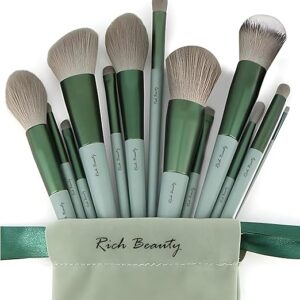 13 piece makeup brush set – synthetic bristles, soft and durable with travel pouch, ideal for blending, and highlighting, green