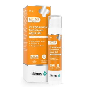 the derma co 1% hyaluronic sunscreen aqua gel spf 50 pa++++ | hydrating, lightweight & non greasy | no white cast | broad spectrum & blue light protection | clinically tested (in vivo) | 50 g