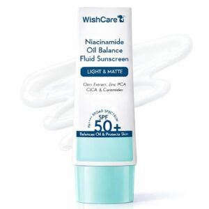 wishcare niacinamide oil balance fluid sunscreen spf 50 pa++++ in vivo tested | 8hrs+ spf protection | lightweight, matte & no white cast | sunscreen for oily skin, sensitive, dry & combination skin | for women & men | 50g